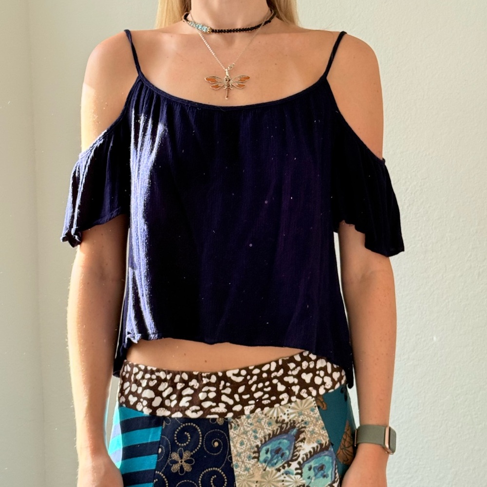 One Clothing Blue Asymmetrical Ruffled Crop Top